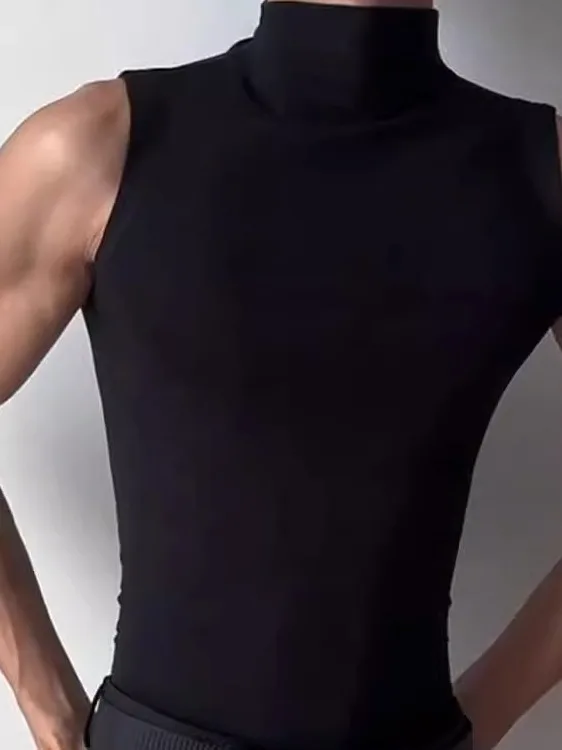 High Collar Ice Silk Modal Slim Fit Sleeveless T-Shirt for Men Quick Dry Base Layer Shoulder Pad Thin Fashionable Summer Top