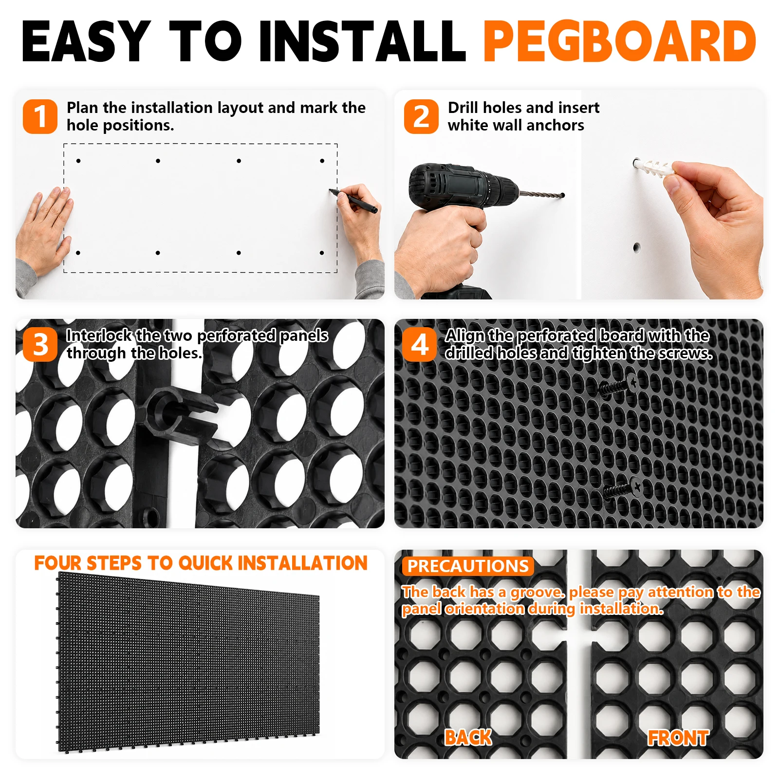 Plastic Pegboard Wall Organizer Kit, 12 Black Panels 48 x 24 in, 428 Accessories with Hooks, Clips, Bins & Holders, Modular Tool