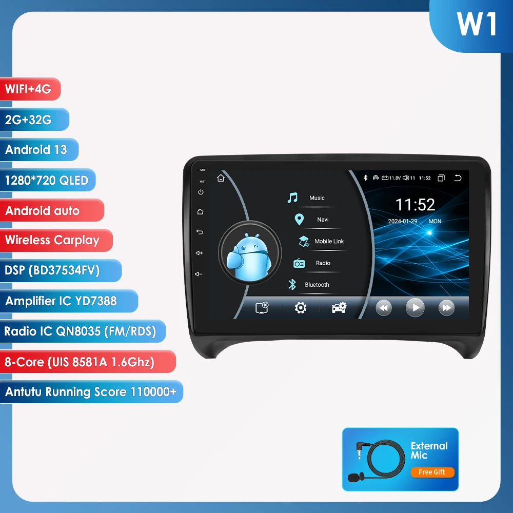 9 "Algpo 2Din Android Auto Autoradio voor Audi TT MK2 8J 2006-2014 Snapdragon 6115 GPS Navigatie SWC DSP 4G BT CarPlay 360 ° CAM