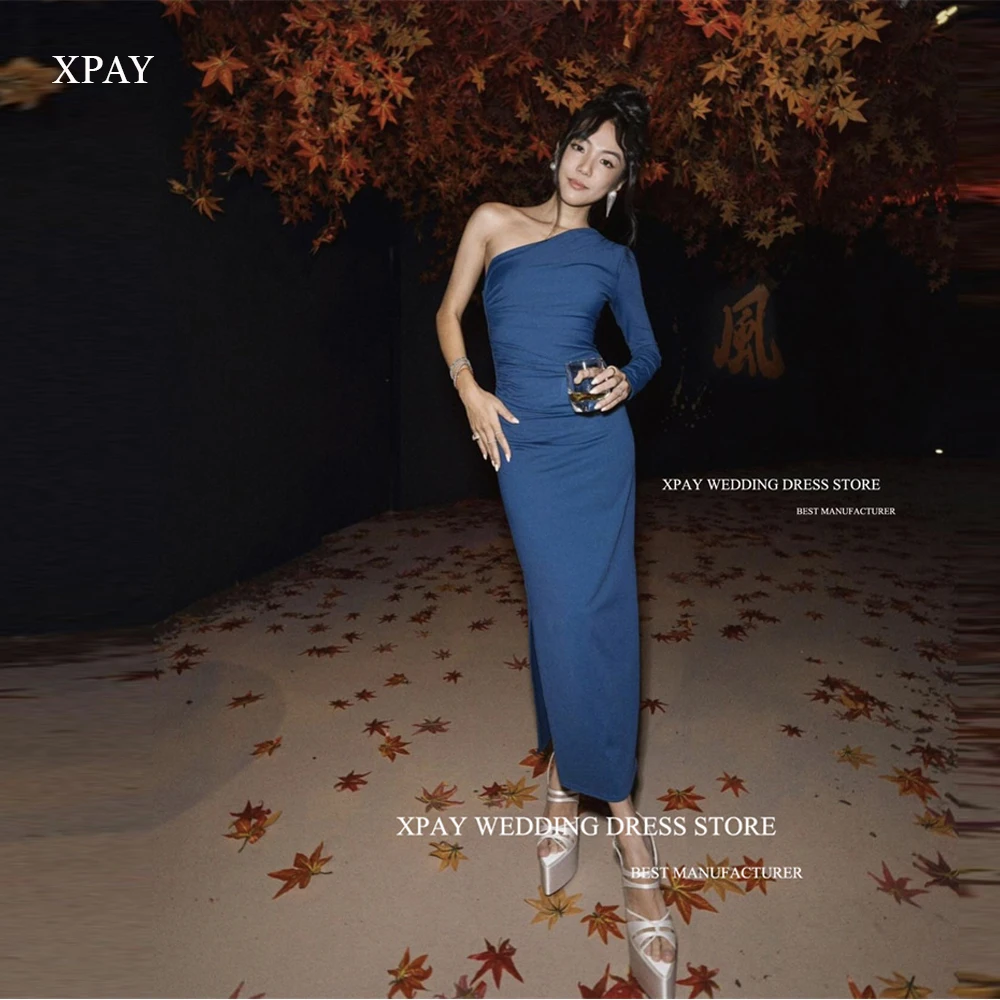 

XPAY Simple Sheath Navy Blue Evening Party Dresses One Shoulder Long Sleeve Ankle Length Night Occasion Event Gowns Custom made