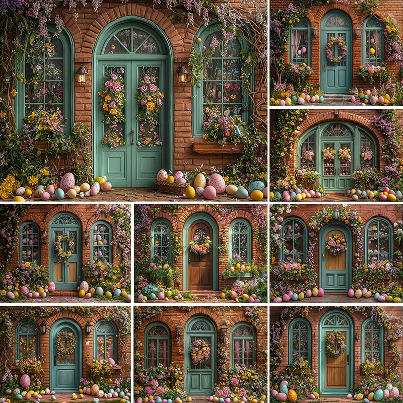 

LS Spring Easter Photography Background Garden Wooden Door Eggs Bunny Floral Decor Newborn Shower Portrait Backdrop Photo Studio