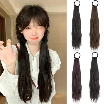 Doğu sentetik at kuyruğu peruk elastik bant çift at kuyruğu peruk ile biraz kıvırcık saç yüksek ve düşük at kuyruğu içine bağlanabilir