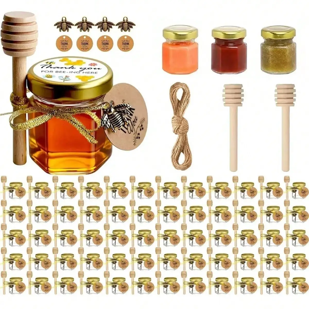 Mini Glass Honey Jars with Wooden Dippers, 1.5 Oz Hexagon Jars, Bee Charms Stickers, for Baby Shower Wedding Party Favors