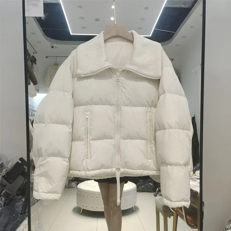 2024 New Winter Women Special Design Warm Puffer Jacket Female 90% White Duck Down Coat Slim Knitted V-Neck Casual Parka Out MN3