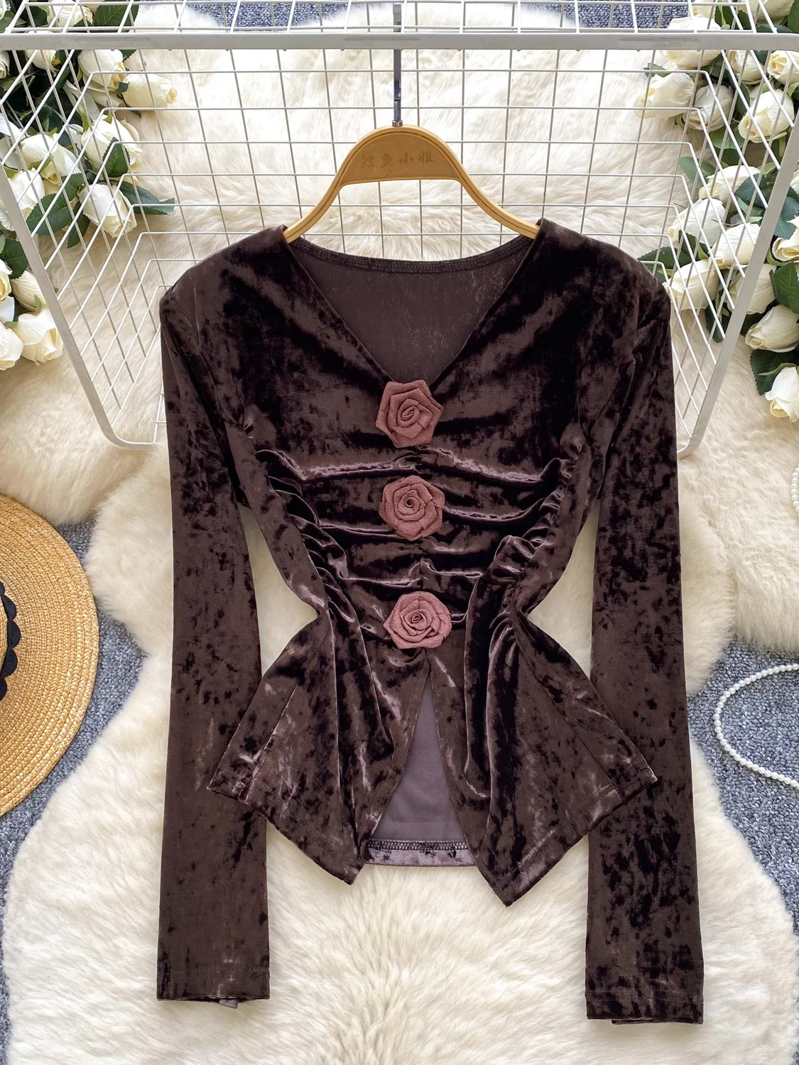 

Женские коричневые бархатные рубашки, блузки Y2k, винтажные элегантные эстетичные рубашки 2000-х годов с длинными рукавами и v-образным вырезом, модная одежда, осень-весна
