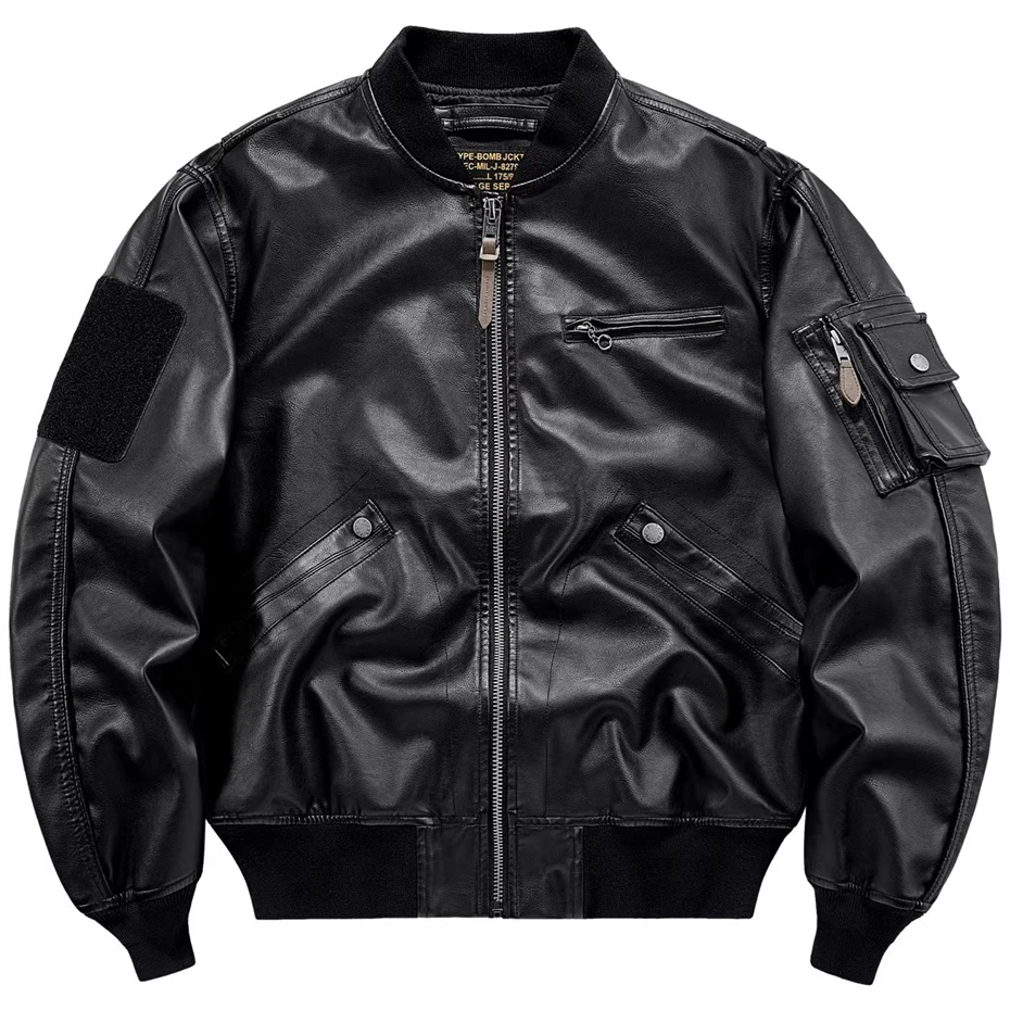 PU Bomber Jackets Men Vintage Baseball Jackets Spring Autumn PU Cargo Jacket Male Techwear Outdoor Outerwear