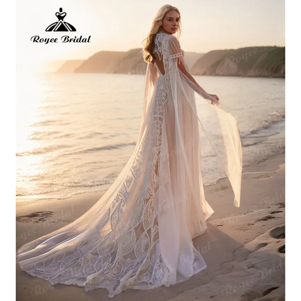 Hippie Flowy Lace Boho Bohemian Backless Wedding Dress with Cape 2025 Customzied Bridal Gown for Women robe mariée bohème Elopem