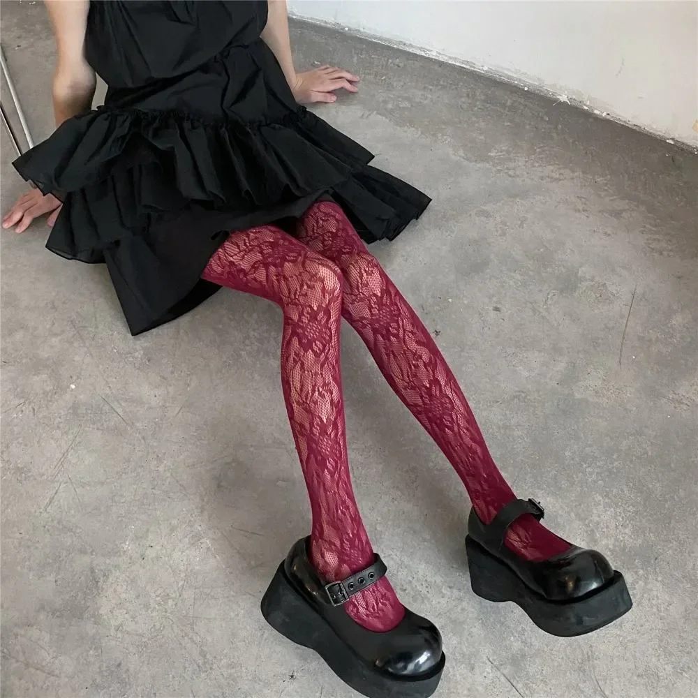Y2K Mode Gothic Blumenmuster Ausgeschnittene Sexy Strumpfhose Damen Netzstrumpfhose Weinrot Ins Hot Girls JK Strumpfhosen Hochelastische Hipster Leggings