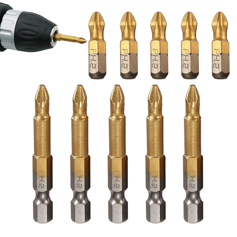 5 ~ 10pc 1/4 "punte per cacciavite elettrico antiscivolo con gambo esagonale punte per cacciavite rivestite in titanio punta per cacciavite elettrico magnetico PH2
