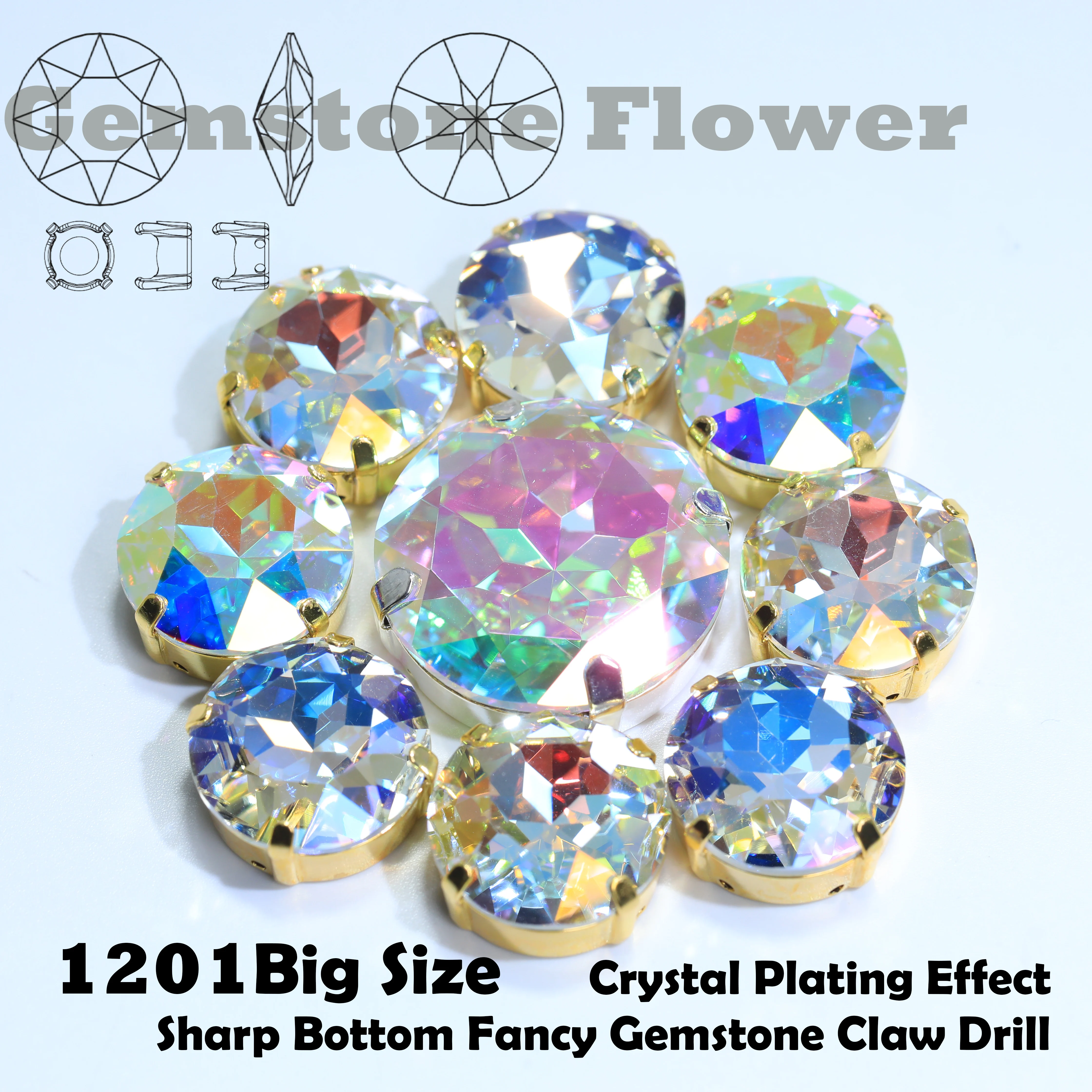 Gem Flower Big Size Glass Crystal White Coated Sew On Stones Clothes Phone Case Bedazzling Bag Decor DIY Craft Making Supplies