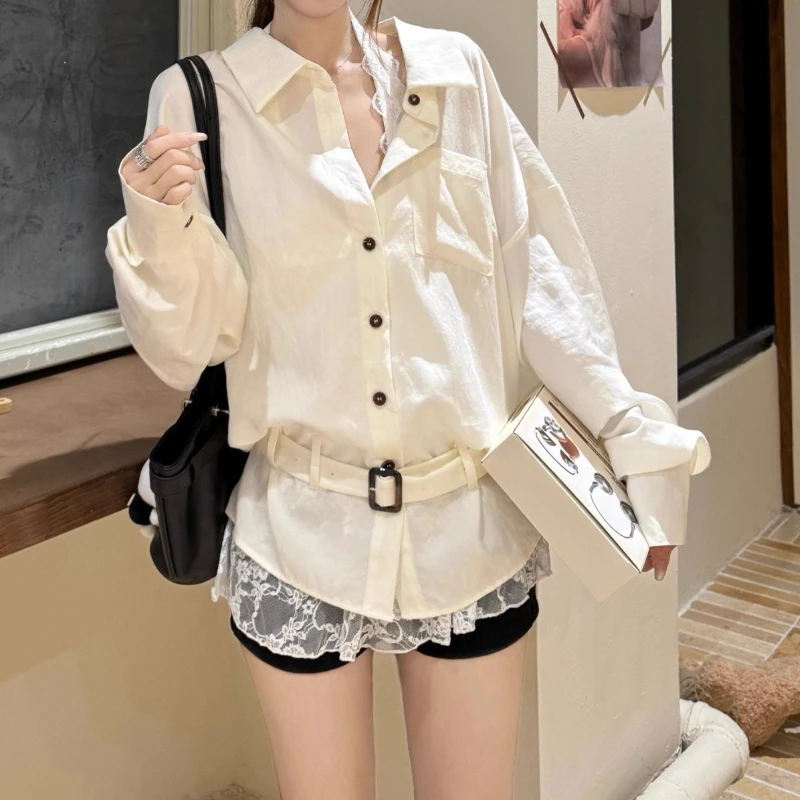 

2025 Korean Simple Waist Shirt Top, Versatile Slimming Shirt, Versatile Layered Lace Girl