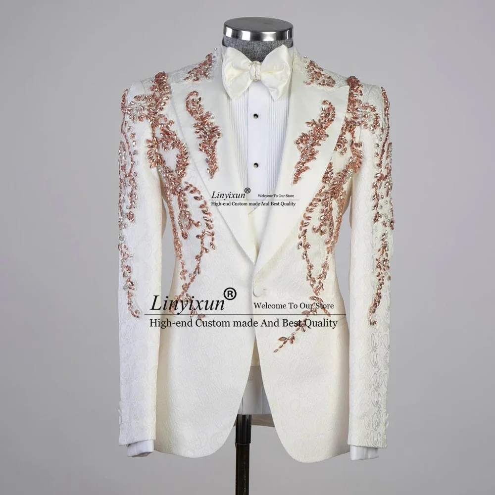 

Stylish Embroidered Jacquard Jewelry Tuxedos Men Suits 3 PCS Groom Wedding Prom Blazers Pants Outfit Terno Masculino Completo