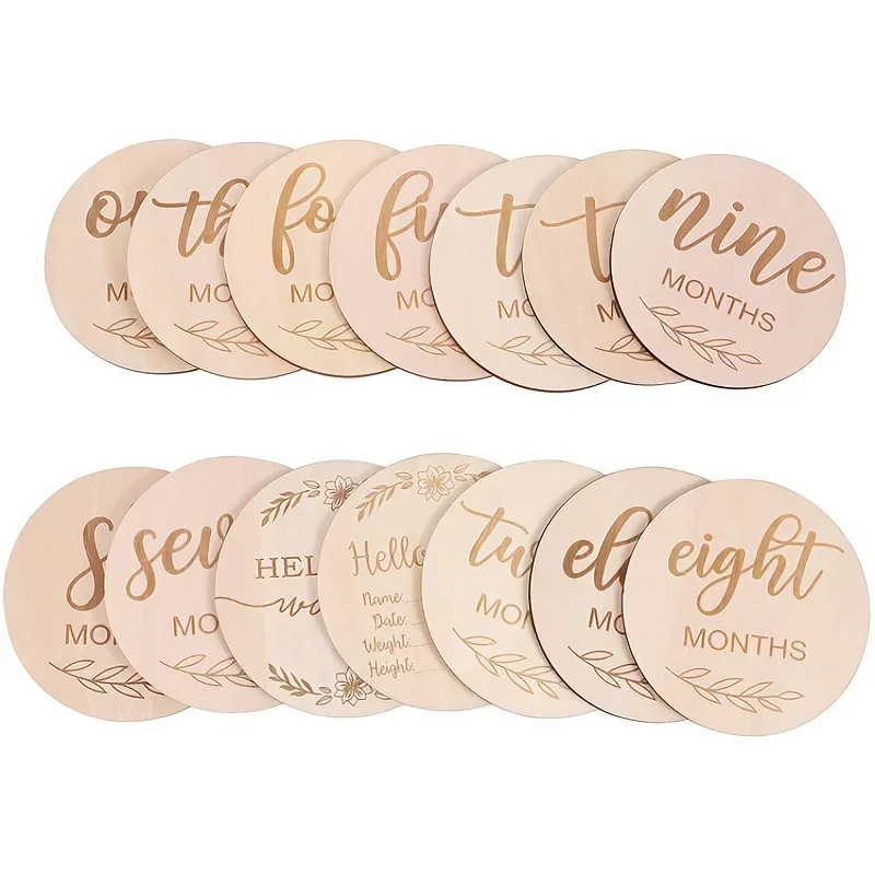 12pcs/set Wood Chip Month Souvenir Card Baby Growth Milestone Double Sided Laser Engraved Wooden Chip Newborn Photography Props