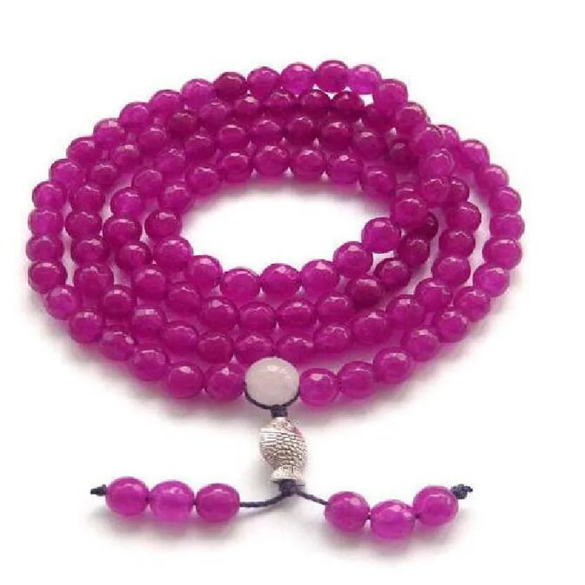 Jade 108 Beads Bracelet Link Beaded Chain Fuchsia Trendy Bohemian Wrap Health Stackable Peace 6mm Prayer