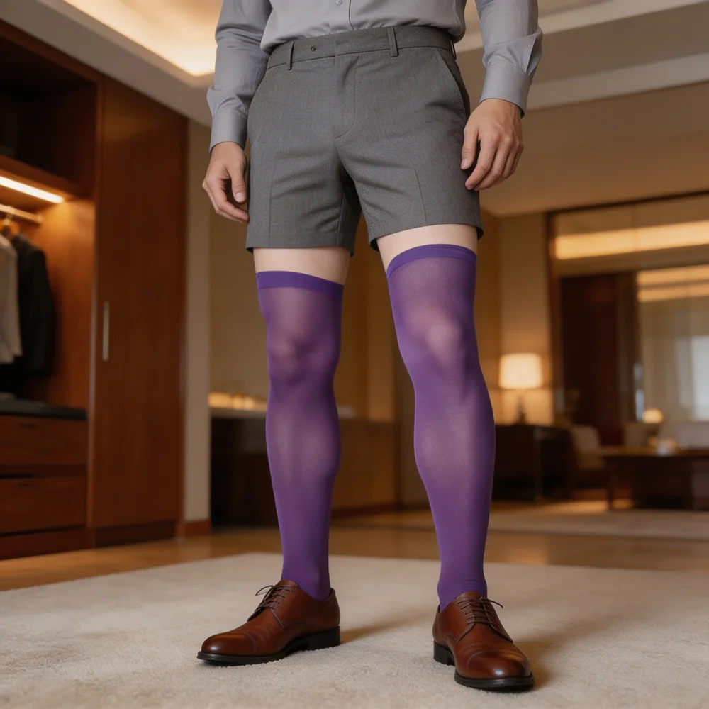 Men's Sheer Mesh Thigh High Socks Solid Color Over Knee Nylon Stockings Breathable Elastic Top Dress Socks Colorful