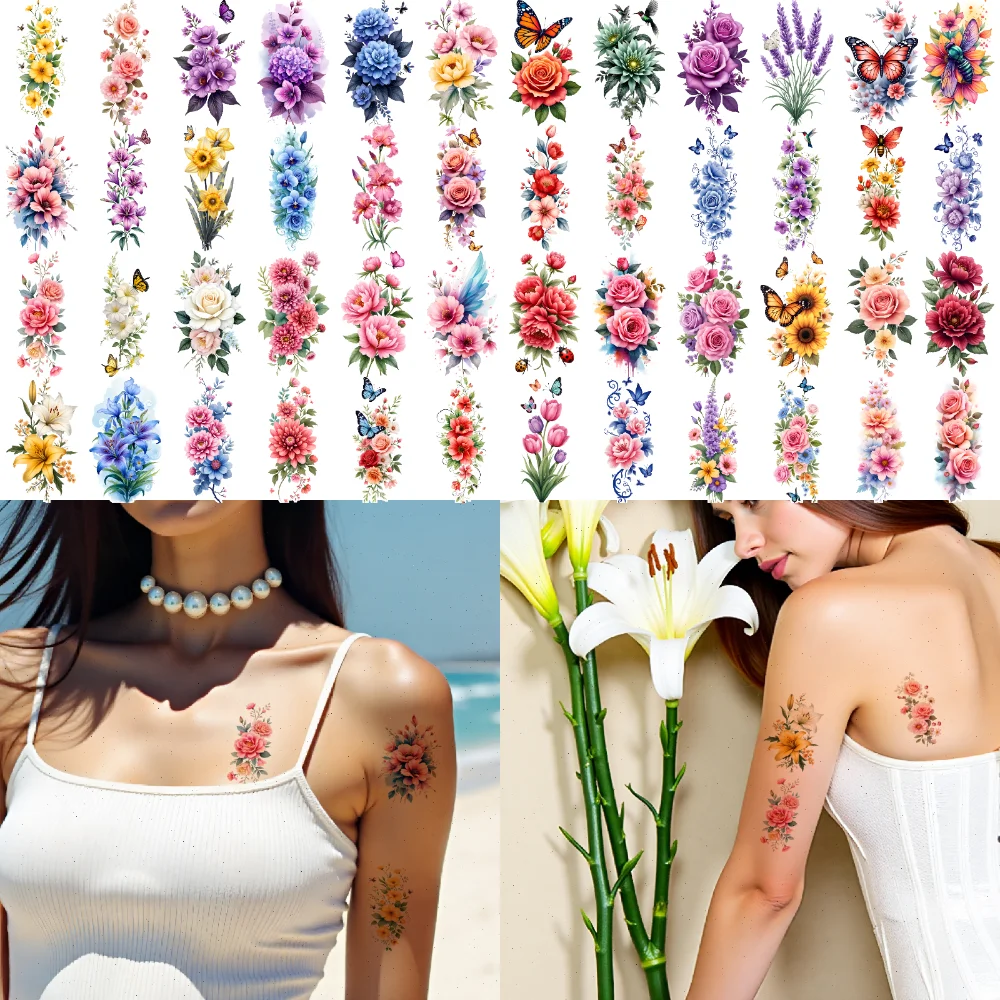 

28pcs Temporary Tattoo Butterfly Tattoos Waterproof Long-lasting Body Stickers Floral Tattoos Colorful For Thighs Adult Arms