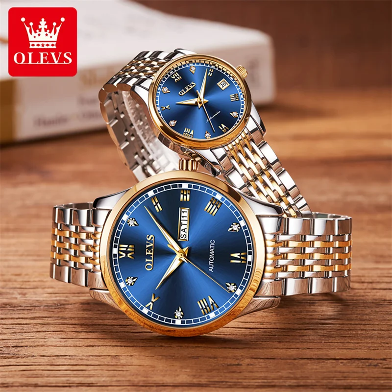 OLEVS-Montre de Couple en Acier Inoxydable pour Homme et Femme, Marque de Luxe, Étanche, Date Shoous, existent, Mécanique, Montre-Bracelet pour Amoureux