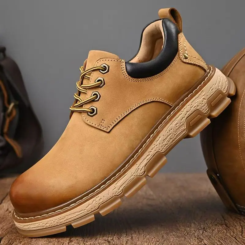 

Мужские высококачественные ботинки из натуральной кожи на шнуровке для работы на открытом воздухе, весна-осень, новые, с толстой подошвой, свободным круглым носком, низкие, повседневные.