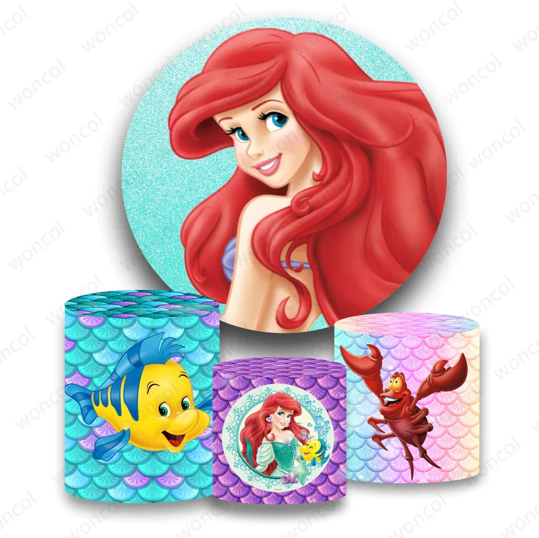 

Little Mermaid Ariel Round Backdrop Undersea Mermaid Backdrop Princess Birthday Baby Shower Cylinder Cover Photography Props