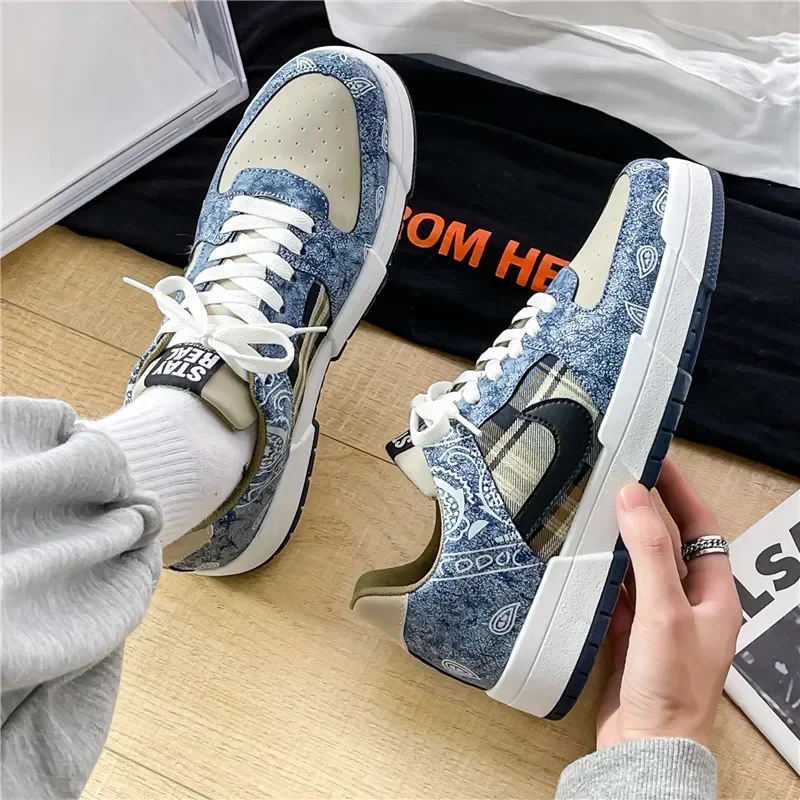 Sapatos de tábua de flor de caju baixo masculino, tênis casual, calçado com renda masculina