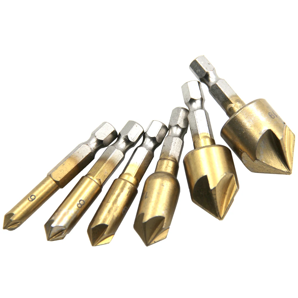 1/4 "Hex 6 Buah 12Mm 16Mm 19Mm Manik Bor Countersink Pendeburan Chamfering 5 Flute 82 Derajat Set untuk Bit Countersink Perubahan Cepat Kayu
