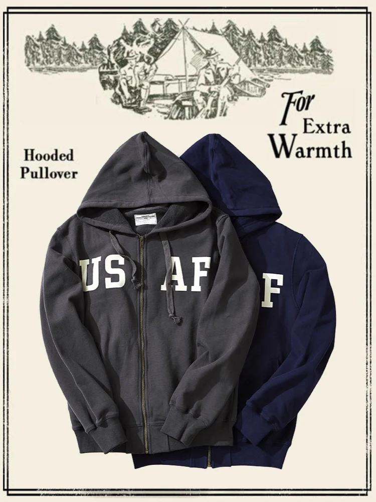 

USAFA Military Style Printed Zipper Hoodie American Retro Ameika Heavyweight Fleece Sweatshirt Casual Loose Fit Cotton Fabric