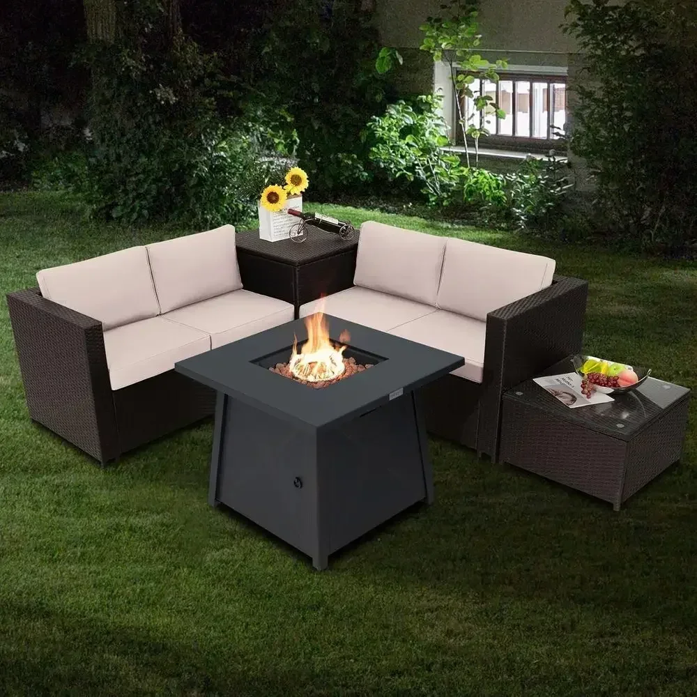 5-Piece Patio Furniture Set with Propane Fire Pit, Wicker Sectional with Cushions, Storage, and Glass Coffee Table