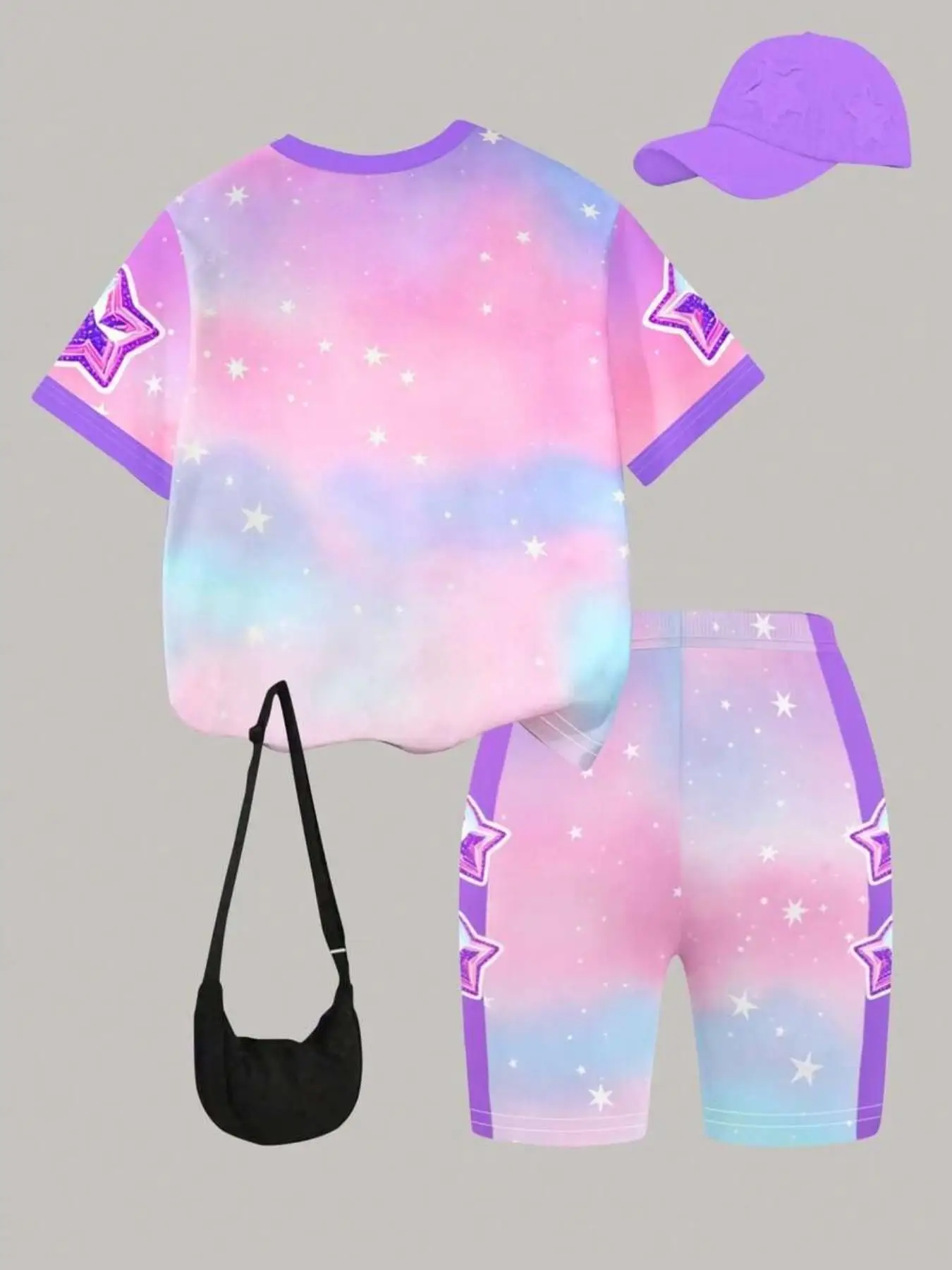 Zweiteiliges Mädchen-Outfit mit Farbverlauf im Sternenhimmel-Design und Anime-Idol-Print; bestehend aus einem kurzärmeligen T-Shirt mit Rundhalsausschnitt. – Detail 2