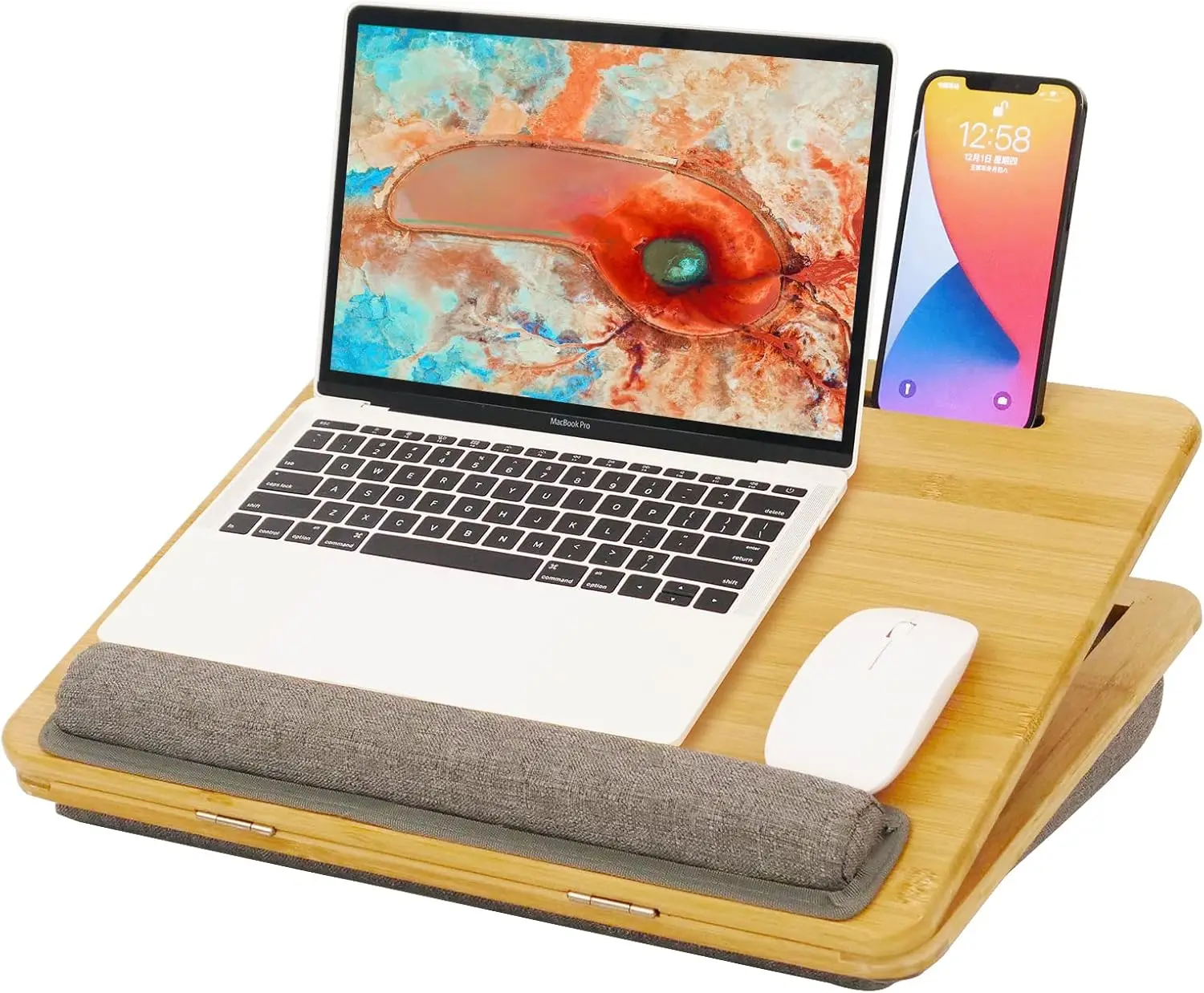 

Adjustable Bamboo Lap Desk with Cushion for Laptop, Tablet, and Phone Use on Sofa, Bed, or Car