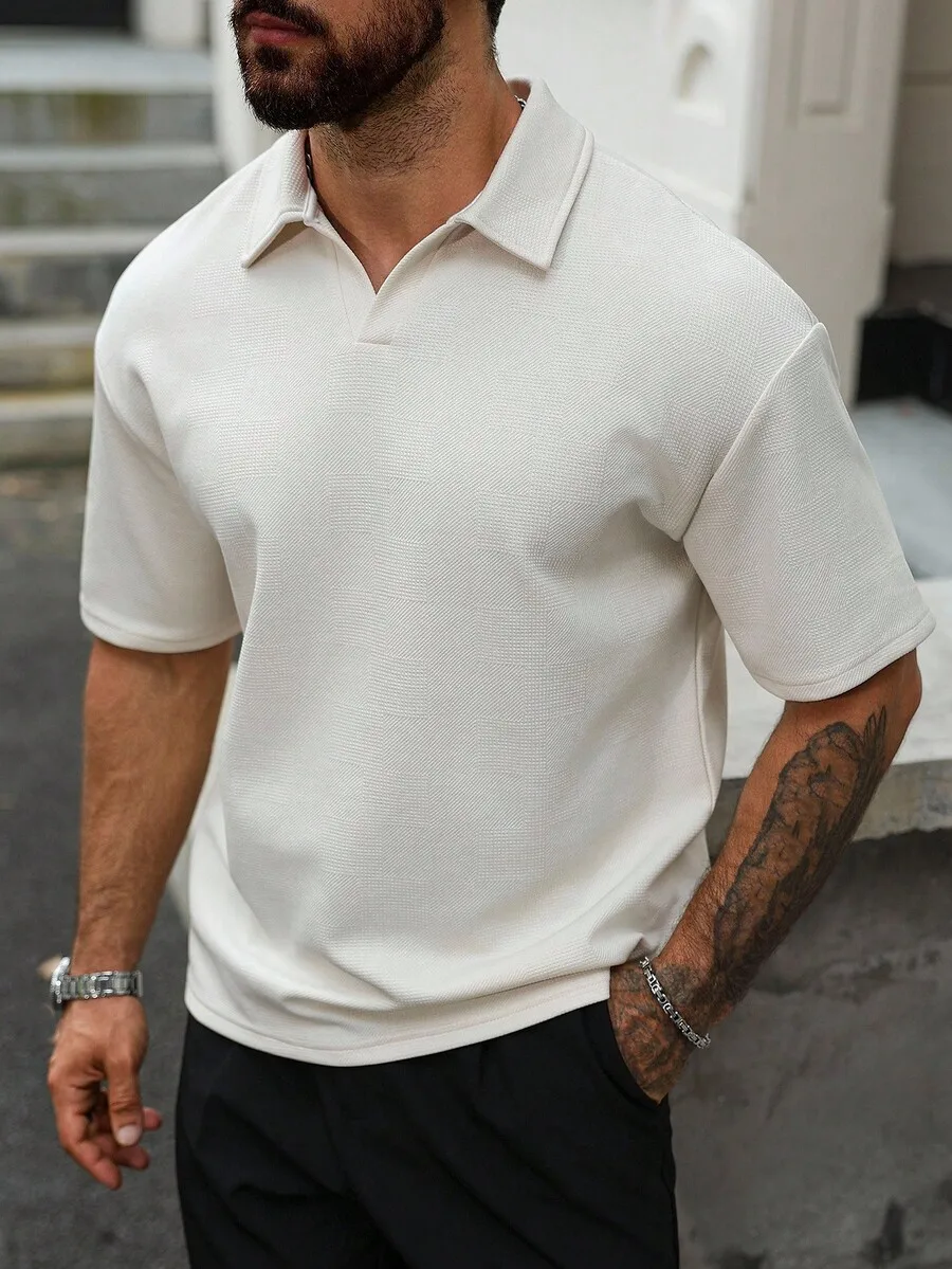 

Men's Textured Short Sleeve Casual Polo Shirt in Off-White