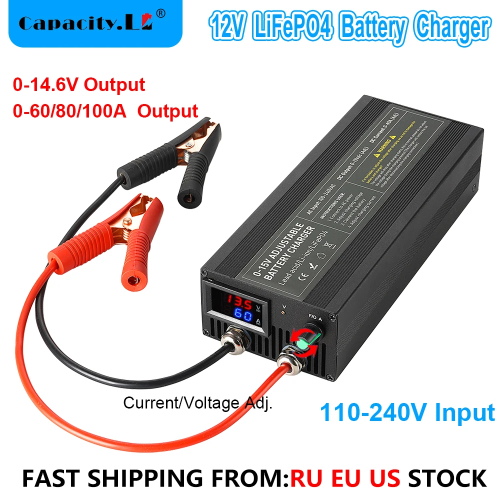 Lifepo4/Lithium Battery Charger 0-60A 0-100A Fast Charging Adjustable Current/Voltage For 12V 12.8V 100AH 200AH Large Capacity