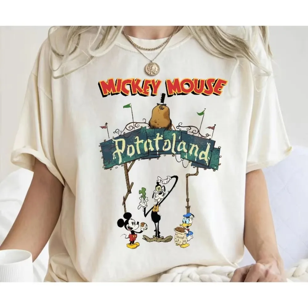 قميص ديزني فينتاج المضحك ميكي جوفي دونالد بوتاتولاند الكلاسيكي قميص ديزني لاند العائلي لرحلة العطلات ملابس المملكة السحرية