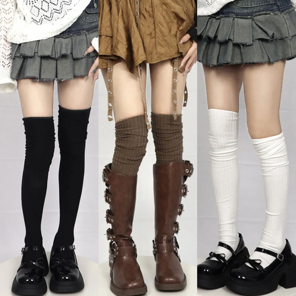 لوليتا طول الركبة جوارب النساء أسود أبيض رمادي بلون كل مباراة فوق الركبة عالية الجوارب الطويلة موضة عادية JK نمط جورب