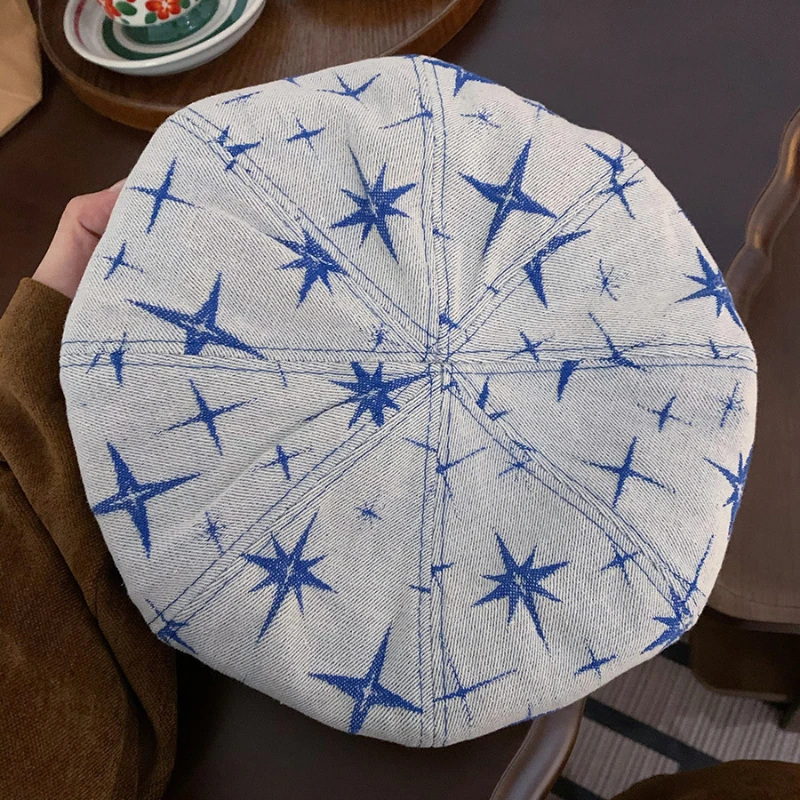 New Cute Star Denim Octagonal Hats for Women Show Face Small Spring and Summer Versatile Japanese Retro Casual Berets Caps