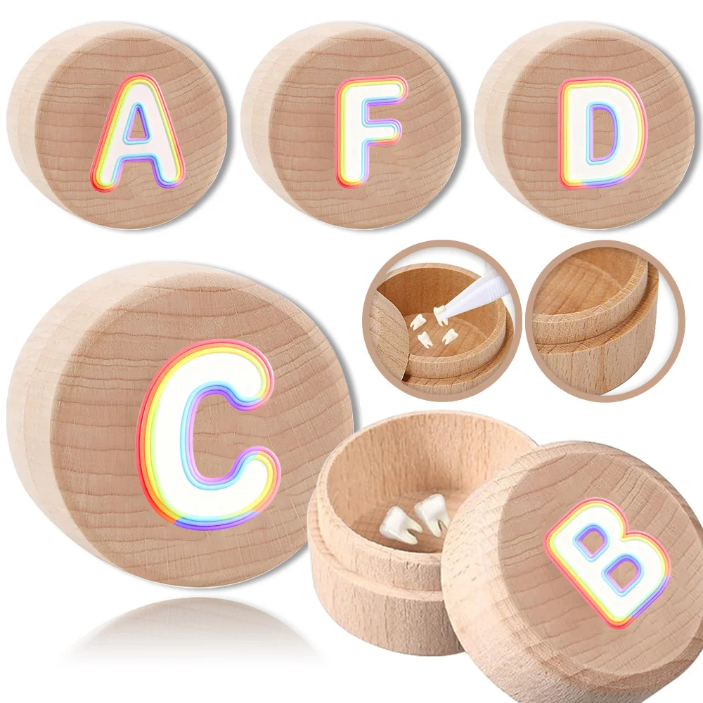 

Durable Deciduous Teeth Organizer Container Wooden Milk Teeth Box Lightweight Commemorative Gift Rainbow Flow Letter Pattern