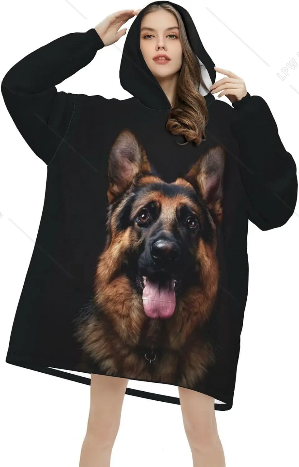 Dog German Shepherd Wearable Blanket Hoodie Dog Animal Pattern Oversized Sweatshirt Blanket Cozy Warm Sherpa Hooded Blanket