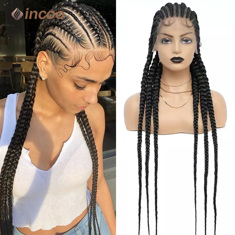 Synthetic Wigs Transparent Full Lace Front Black Braid Wig Double Dutch Cornrow Braids Incoo Lace Wigs Braiding Hair Durable