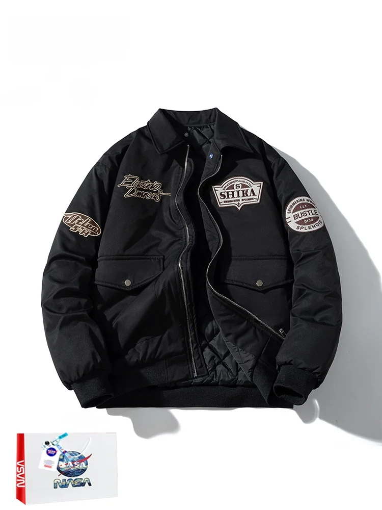 

New Autumn Winter Thiened Cotton Jaet Baseball Sle Embroidered Workwear Men's Casual Faion Outerwear Coat