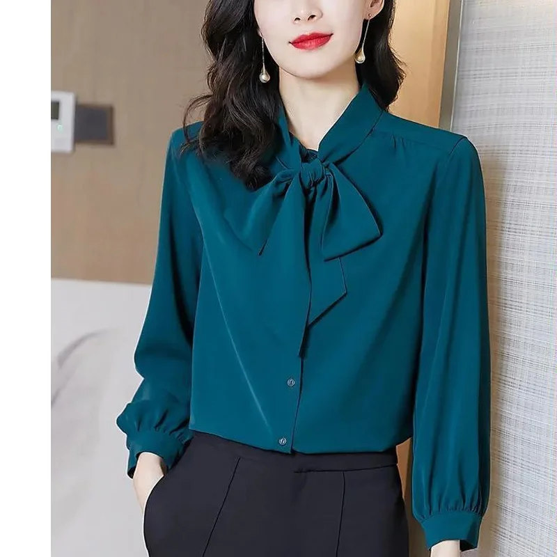 Camisa feminina de laço de chiffon, manga comprida, blusa solta, monocromática, que combina com tudo, moda, nova, primavera, outono