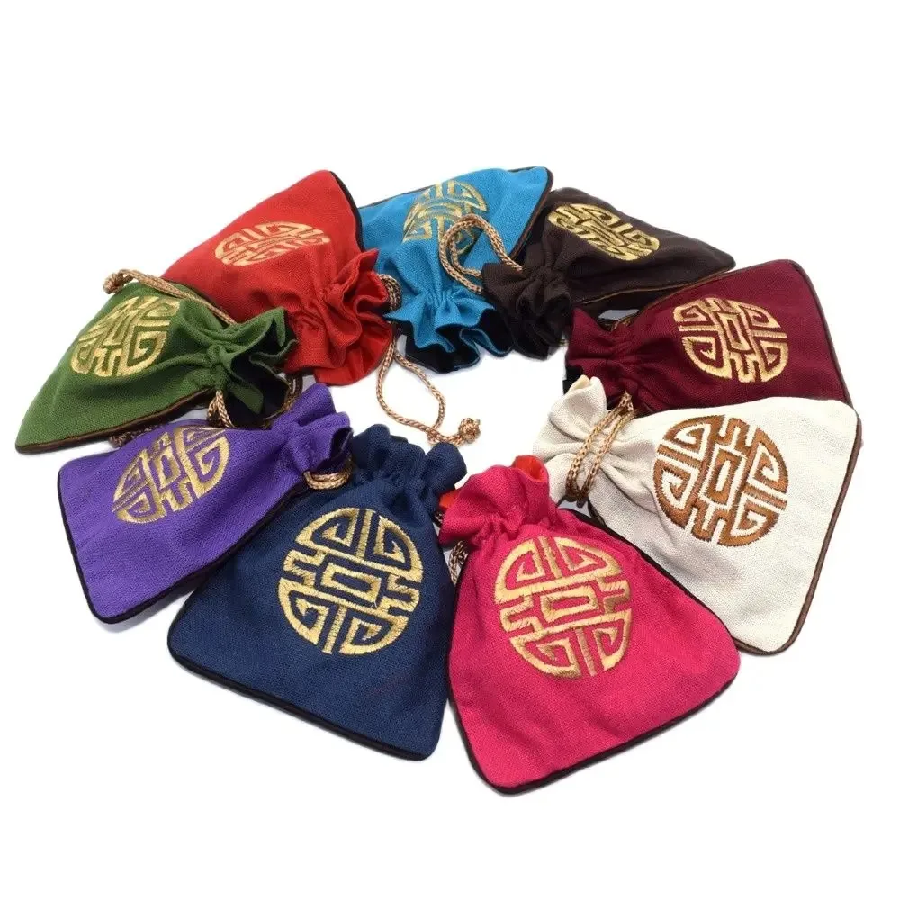

10 Pieces Jewellery Packaging Bag with Drawstring Handmade Embroidery Cotton Jute Pouches Jewelry Tools