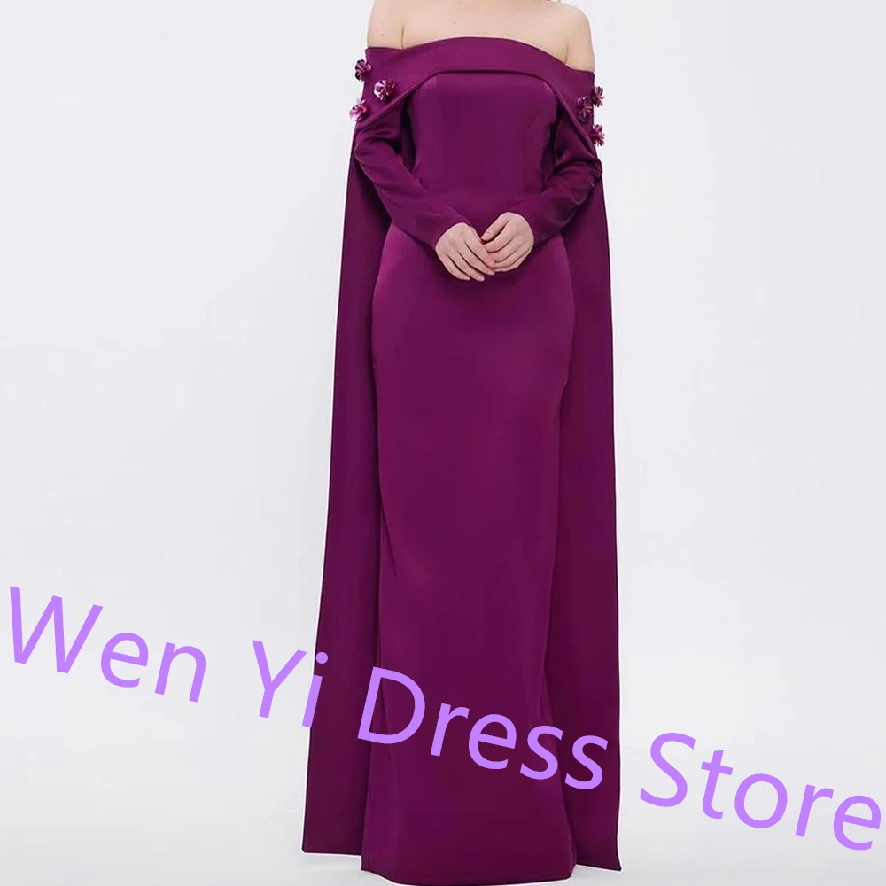 Purple Flowers Sweep Train Off the Shoulder Strapless Evening Dress pleats Long Sleeves Jersey Floor Length Straight Party Gowns