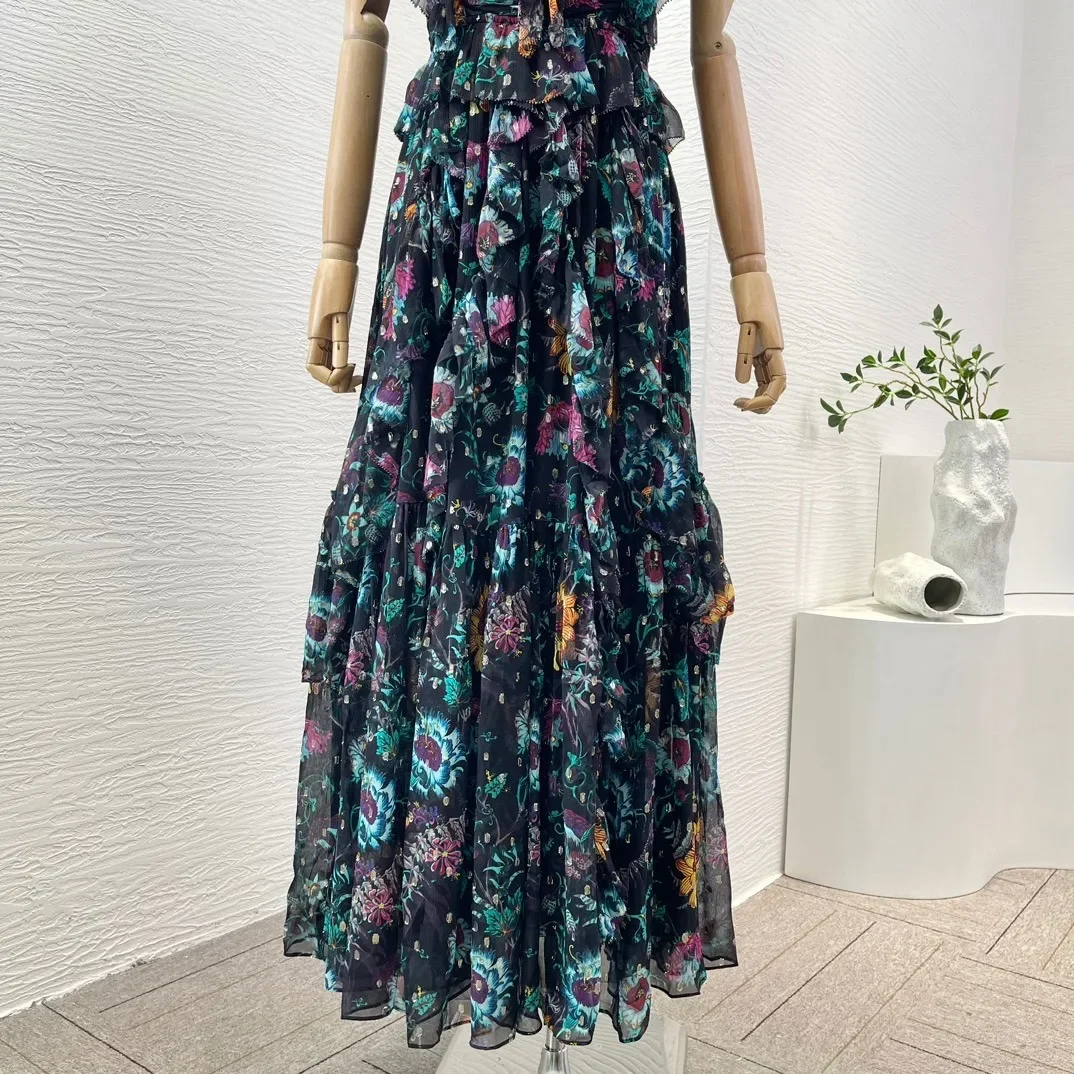 Women Vintage Maxi Dress Black Floral Print Ruffles Strapless Sleeveless Ruched Sling Dresses 2024 New Beach Style for Holiday