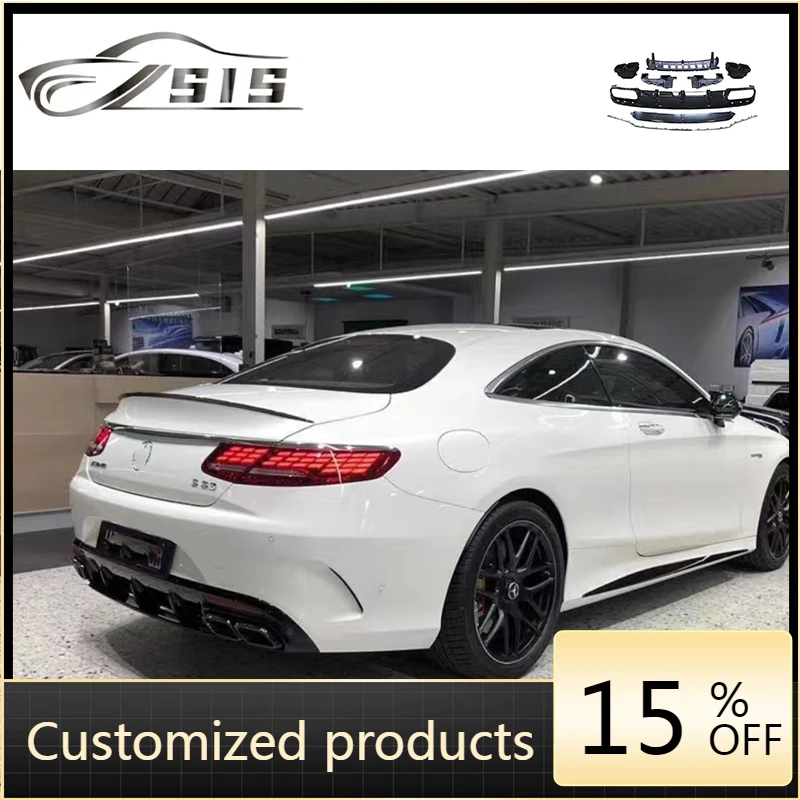 

S-Class W217 Coupe S400 S450 S500 to S63 Rear Diffuser With Black Silver Color Exhaust Tips 2018-2020 Year Plastic Bumper Lip