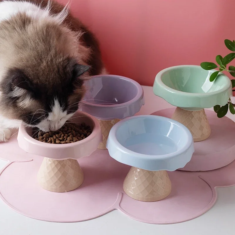 Ceramic cat bowl, pet ice cream bowl, high footed slanted mouth, neck protection, shock resistance, cat food bowl, water bowl