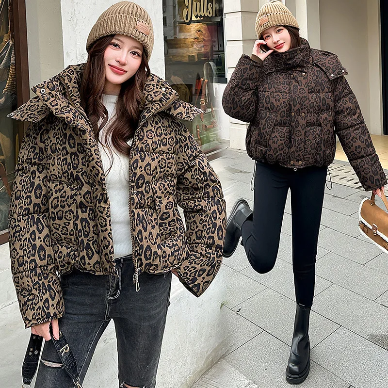 American Leopard Print Hooded Puffer Jacket Women Winter Loose Fit Warm Cotton Jackets Women Fashion Zip Up Thick Padded Parkas