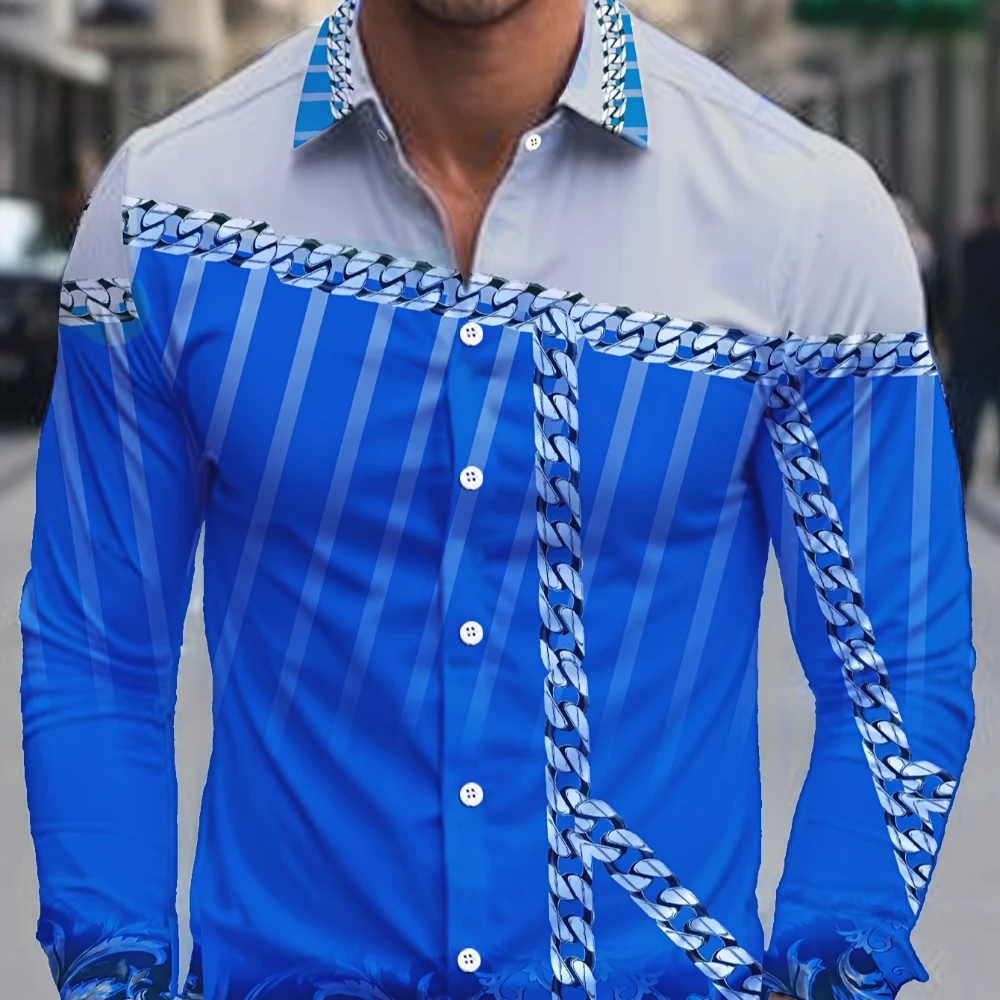 Heren Shirt Retro Stijl Kettingpatroon Bedrukt Shirt Met Lange Mouwen Heren Mode Casual Top Grote Dagelijkse Straat Heren Overhemd