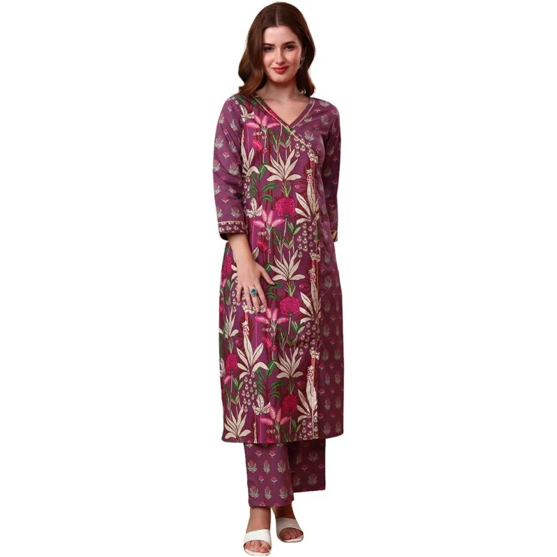 

Women's Cotton Slub Purple Floral Printed Kurta with Trouser Pant