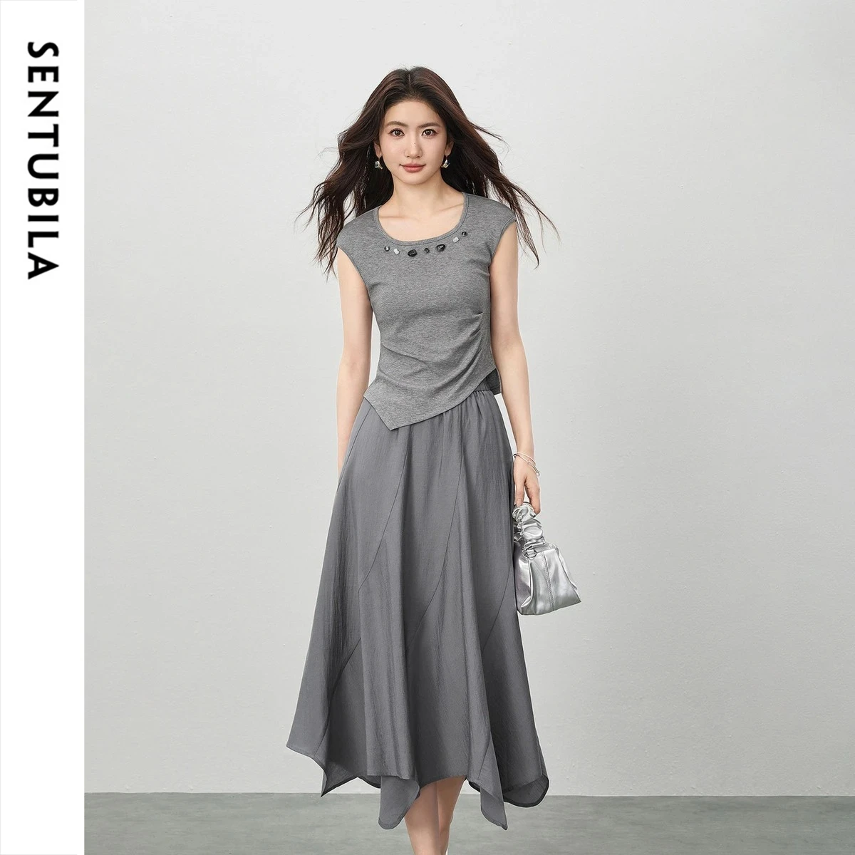 

SENTUBILA Women's 2 Piece Set Gray U-neck Beaded Pin-tuck Sleeveless T-shirt A-line Skirt 2026 Summer Casual Simple W62ZC6835