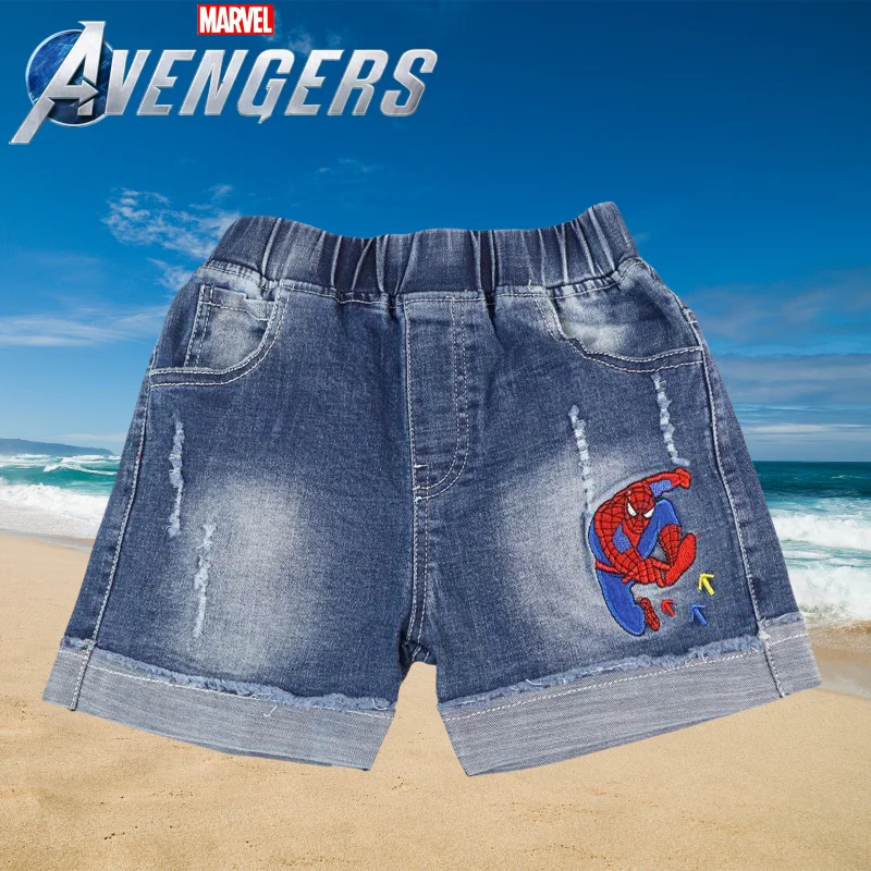 New cartoon Marvel Spiderman for boys summer fashion creative anime embroidery pattern soft casual and versatile denim shorts