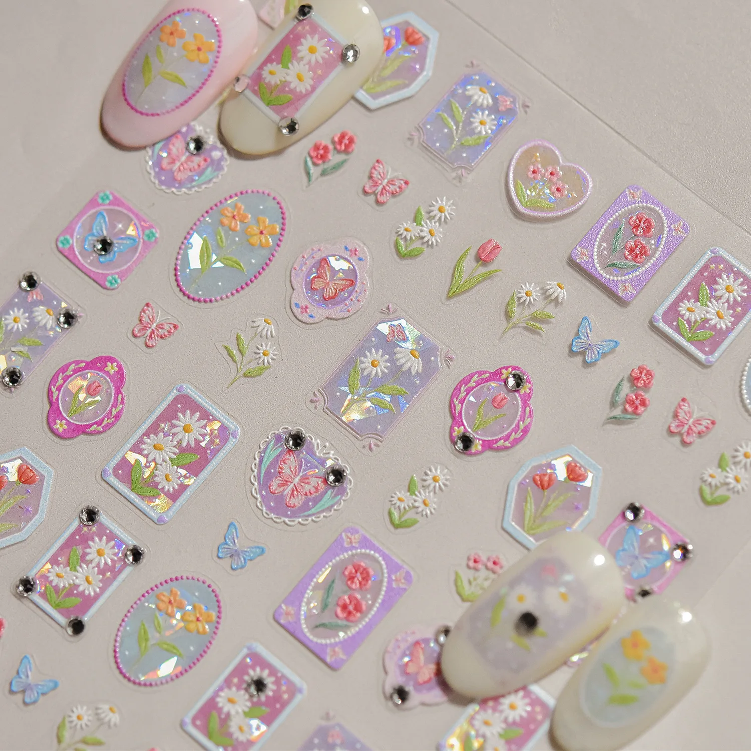

Retro Tulip Flowers Daisy Photo Frame Geometric Border Bowknot Butterfly Soft Relief Adhesive Nail Art Stickers Manicure Decals